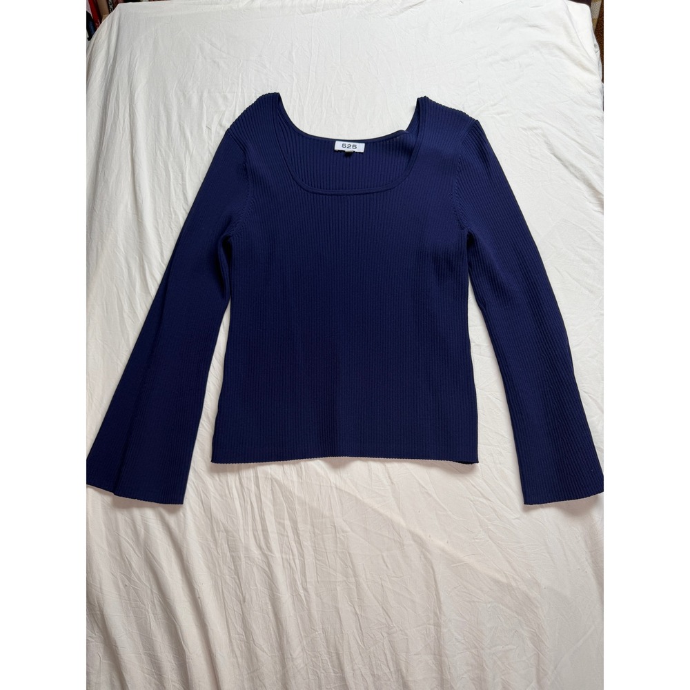 525 America Navy Blue Ribbed Knit Bell Sleeve Scoop Neck Sweater Womens Large